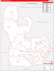 Pointe CoupeeParish (County), LA Wall Map Zip Code Red Line Style 2026